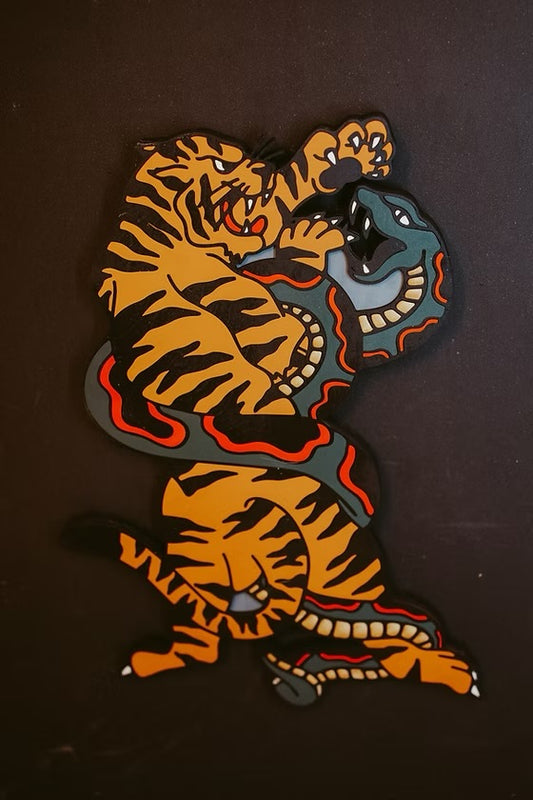 Tiger Fighting Snake Wooden Wall Hanging